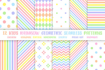 Set of kids rainbow seamless patterns with rough pastel colorful lines, vector illustration. Chevron, diagonal, vertical, horizontal striped, rhombus and polka dot geometric backgrounds