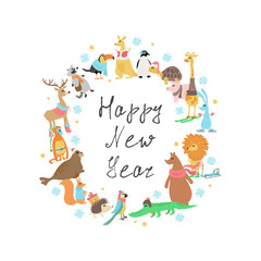 Christmas wreath made of animals. New Year. Concept for a holiday card, invitation. Vector illustration