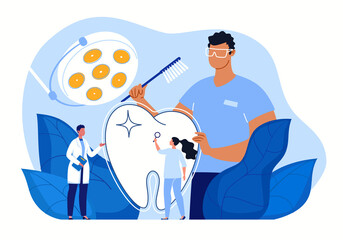 Dentist examination. Dentistry and healthcare concept - clean and neat teeth. White healthy teeth, professional dental care. Vector flat cartoon illustration.