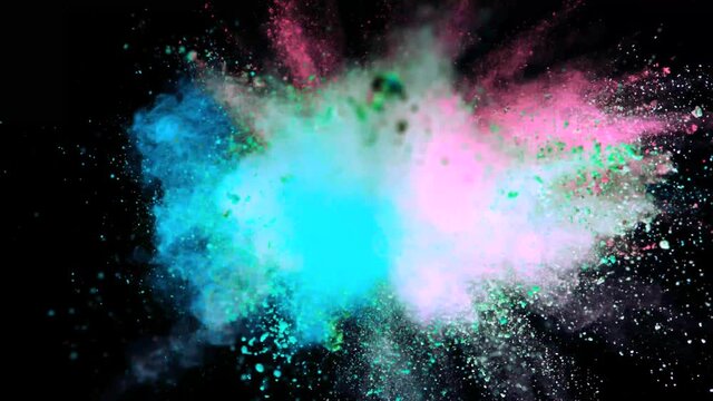 Explosion of blue pink powder isolated on black background