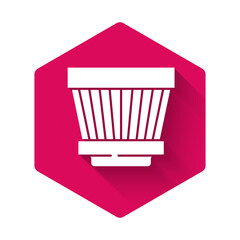 White Car air filter icon isolated with long shadow. Automobile repair service symbol. Pink hexagon button. Vector.