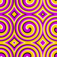 Colorful wrapping paper with spirals. Motion illusion. Seamless pattern.
