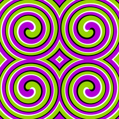 Colorful wrapping paper with spirals. Optical expansion illusion. Seamless pattern.