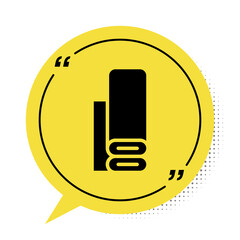 Black Indian textile fabric icon isolated on white background. Roll, mat, rug, cloth, carpet or paper roll icon. Yellow speech bubble symbol. Vector.