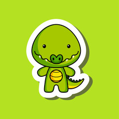 Cute cartoon sticker little crocodile. Mascot animal character design for for kids cards, baby shower, posters, b-day invitation, clothes. Colored childish vector illustration in cartoon style.
