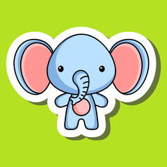 Cute cartoon sticker little elephant. Mascot animal character design for for kids cards, baby shower, posters, b-day invitation, clothes. Colored childish vector illustration in cartoon style.
