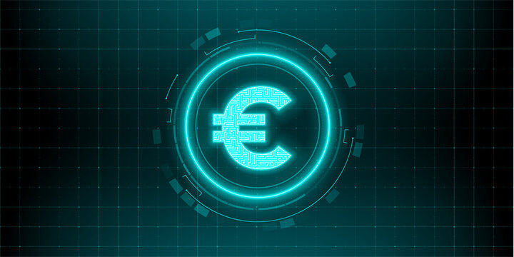 Digital currency euro sign on abstract HUD technology background. Futuristic hi-tech digital money. Electronic economy of the future. Vector illustration