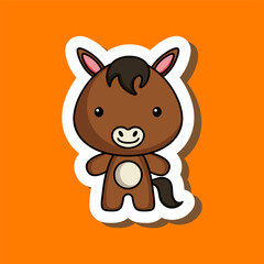 Cute cartoon sticker little horse. Mascot animal character design for for kids cards, baby shower, posters, b-day invitation, clothes. Colored childish vector illustration in cartoon style.