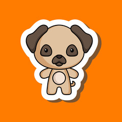 Cute cartoon sticker little pug dog. Mascot animal character design for for kids cards, baby shower, posters, b-day invitation, clothes. Colored childish vector illustration in cartoon style.