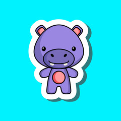 Cute cartoon sticker little hippo. Mascot animal character design for for kids cards, baby shower, posters, b-day invitation, clothes. Colored childish vector illustration in cartoon style.