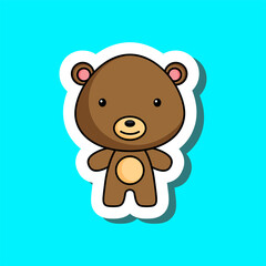 Cute cartoon sticker little bear. Mascot animal character design for for kids cards, baby shower, posters, b-day invitation, clothes. Colored childish vector illustration in cartoon style.
