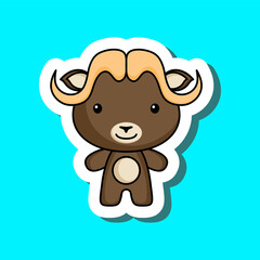 Cute cartoon sticker little musk ox. Mascot animal character design for for kids cards, baby shower, posters, b-day invitation, clothes. Colored childish vector illustration in cartoon style.