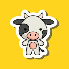 Cute cartoon sticker little cow. Mascot animal character design for for kids cards, baby shower, posters, b-day invitation, clothes. Colored childish vector illustration in cartoon style.