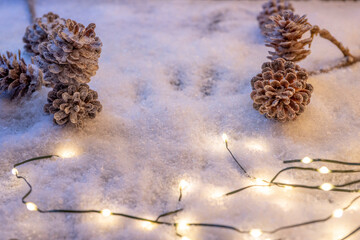 Snow background with snowy pine cones and Christmas light.