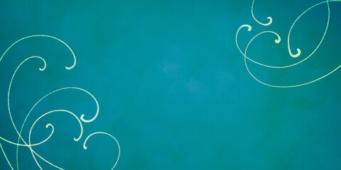 simple festive turquoise blue background with ornate curves in the corners.