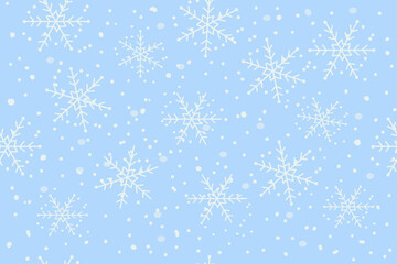 Blue background with snowflakes, seamless pattern, light blue and white colors, vector drawing wide
