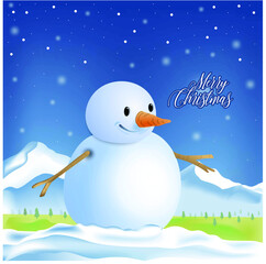 Snowman standing on snow around by trees with a snowy mountain background and Christmas snowflakes.