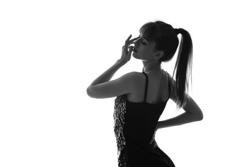 Silhouette of beautiful young woman on white background