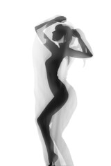Naklejka na ściany i meble Silhouette of beautiful sexy woman behind curtain on white background