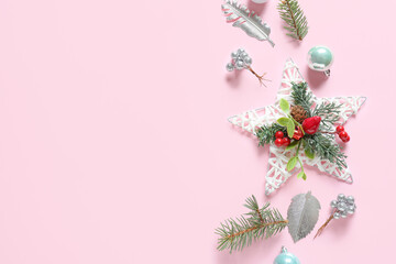 Beautiful Christmas composition on color background