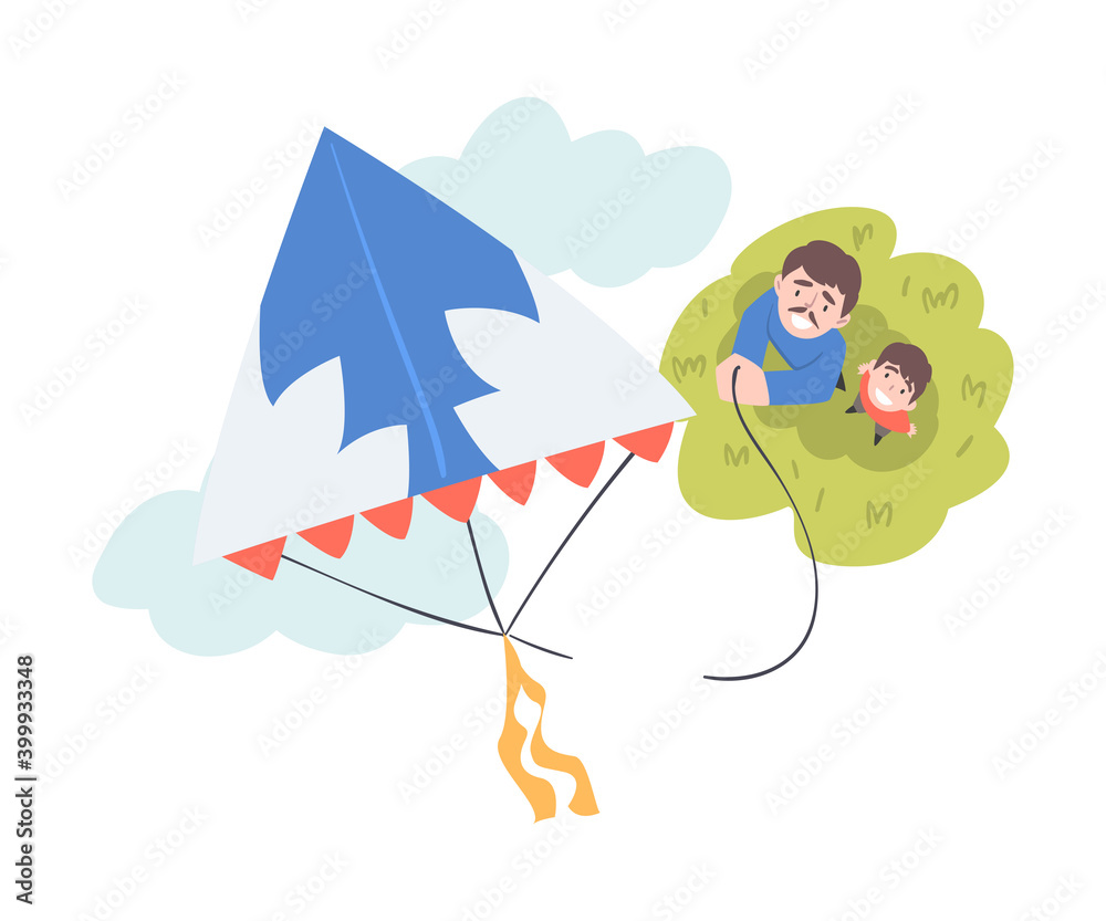 Wall mural Dad and his Son Playing Kite Outdoors, View from Above of Man and Boy Watching at Flying Kite Cartoon Style Vector Illustration