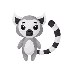 Cute little lemur on white background. Cartoon animal character for kids cards, baby shower, posters, b-day invitation, clothes. Bright colored childish vector illustration in ecartoon style. © Jexy