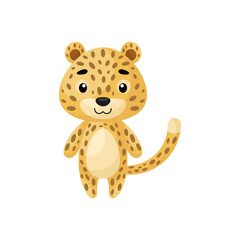 Cute little cheetah on white background. Cartoon animal character for kids cards, baby shower, posters, b-day invitation, clothes. Bright colored childish vector illustration in ecartoon style.