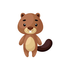 Cute little beaver on white background. Cartoon animal character for kids cards, baby shower, posters, b-day invitation, clothes. Bright colored childish vector illustration in ecartoon style.