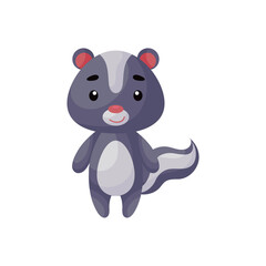 Cute little skunk on white background. Cartoon animal character for kids cards, baby shower, posters, b-day invitation, clothes. Bright colored childish vector illustration in ecartoon style.