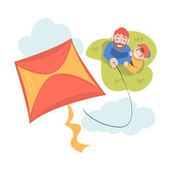 Dad and His Son Playing Kite Outdoors, Top View of Smiling Man and Boy Watching at Flying Kite, Family Spending Time Together Outdoors Cartoon Style Vector Illustration