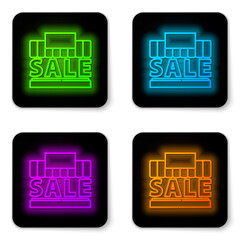 Glowing neon line Shopping building or market store icon isolated on white background. Supermarket sale concept. Black square button. Vector Illustration.