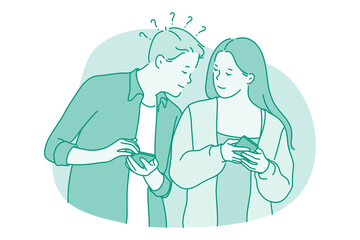 Smartphone, online communication, chatting concept. Young couple looking at each others smartphones, chatting, searching information in internet, calling, dating or communicating online 