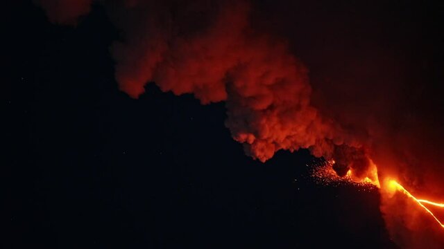 Night timelapse of Klyuchevskaya Sopka or Klyuchevskoy volcano eruption on Kamchatka. Smoke and burning lava erupting from vent. Stars moving on sky. Vertical video. Concept of wild nature and geology