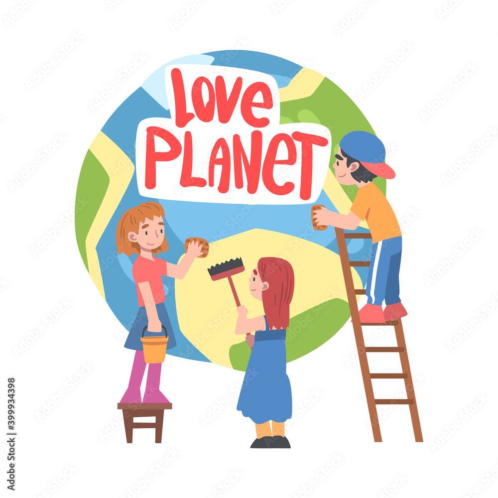 Poster love planet concept, cute boys and girls taking care about ecology of earth planet, conservation of 