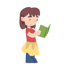 Fototapeta na wymiar Cute Girl Standing and Reading Book, Adorable Kid Enjoying of Literature, Elementary School Student Character Cartoon Style Vector Illustration