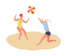 Young women tossing ball on beach. Cheerful people playing volleyball in summer. Scene of recreation and vacation. Friends spend time at seashore. Flat vector cartoon illustration isolated on white