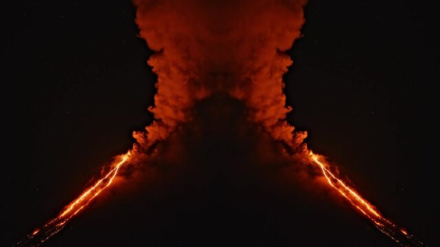 Reflected night timelapse of Klyuchevskaya Sopka or Klyuchevskoy volcano eruption on Kamchatka. Smoke and burning fiery lava erupting from vent. Stars moving on sky. Concept of wild nature and geology