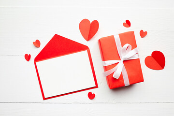 Valentine's day greeting card mockup, flat lay, top view