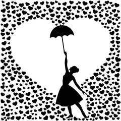 Girl with an umbrella in the rain of hearts