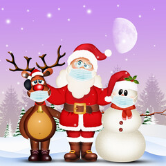 Santa Claus, reindeer and snowman with surgical mask