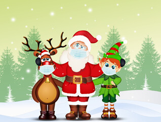 illustration of Santa Claus, reindeer and elf with surgical mask for covid 19