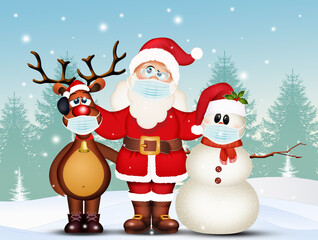 illustration of Santa Claus, reindeer and snowman with surgical mask