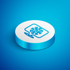 Isometric line Corona virus 2019-nCoV on location icon isolated on blue background. Bacteria and germs, cell cancer, microbe, fungi. White circle button. Vector..