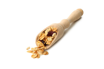 Wooden scoop with granola isolated on white background
