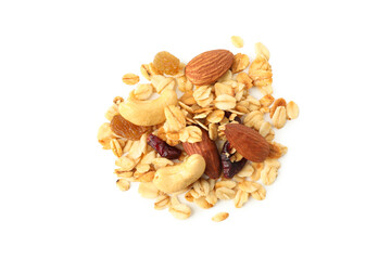 Granola with nuts and raisins isolated on white background