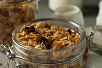 Concept of tasty breakfast with granola, close up