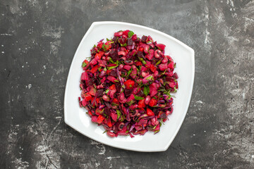 top view vinaigrette salad with beets and beans on grey background food health