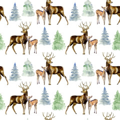 Naklejka premium Watercolor hand painted seamless pattern with deer and fawn, green and blue fir-trees on white background. Forest pattern is prefect for fabric, wrapping paper or scrapbooking.