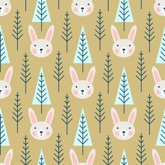 Cute hand drawn nursery seamless pattern with wild animals hare and trees in scandinavian style. Vector illustration