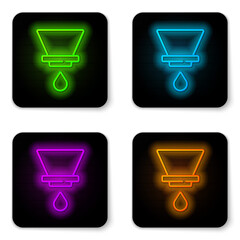 Glowing neon line V60 coffee maker icon isolated on white background. Black square button. Vector.